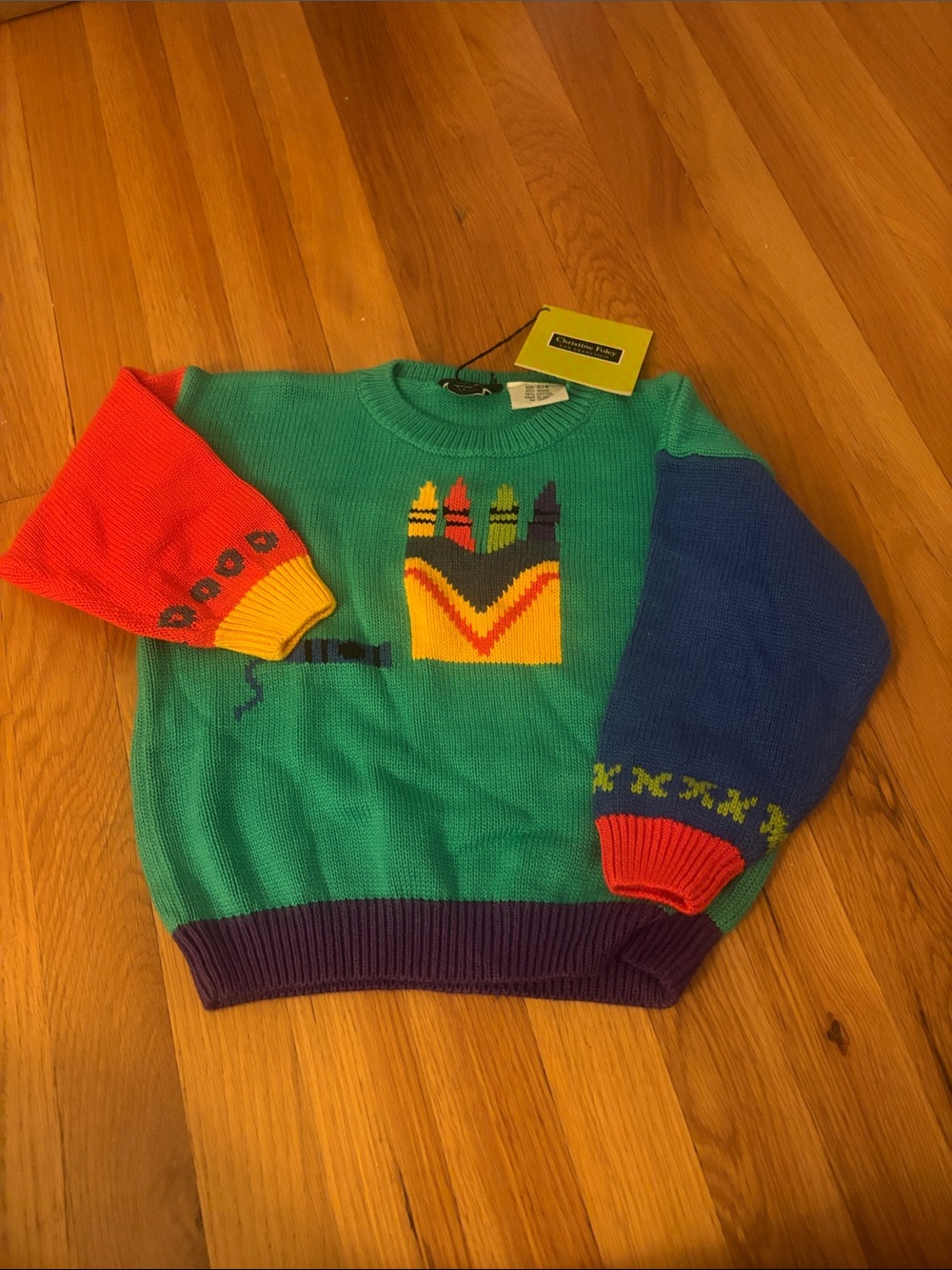 NWT Vintage Colorblock Kids Sweater with Crayon Motif - Green Multicolor